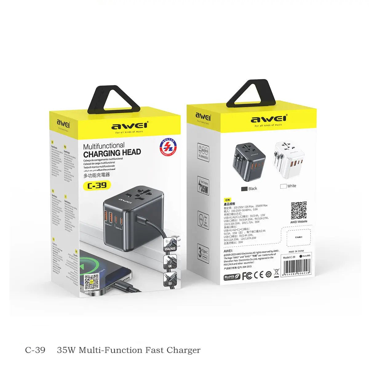 Retail packaging of AWEI C-39 35W Multi-Function Fast Charger showing plug types, USB ports, and product features for global travel use.