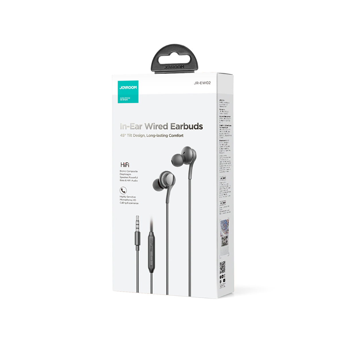 Retail packaging of JOYROOM JR-EW02 in-ear wired earbuds in black, highlighting HiFi sound and ergonomic design features.