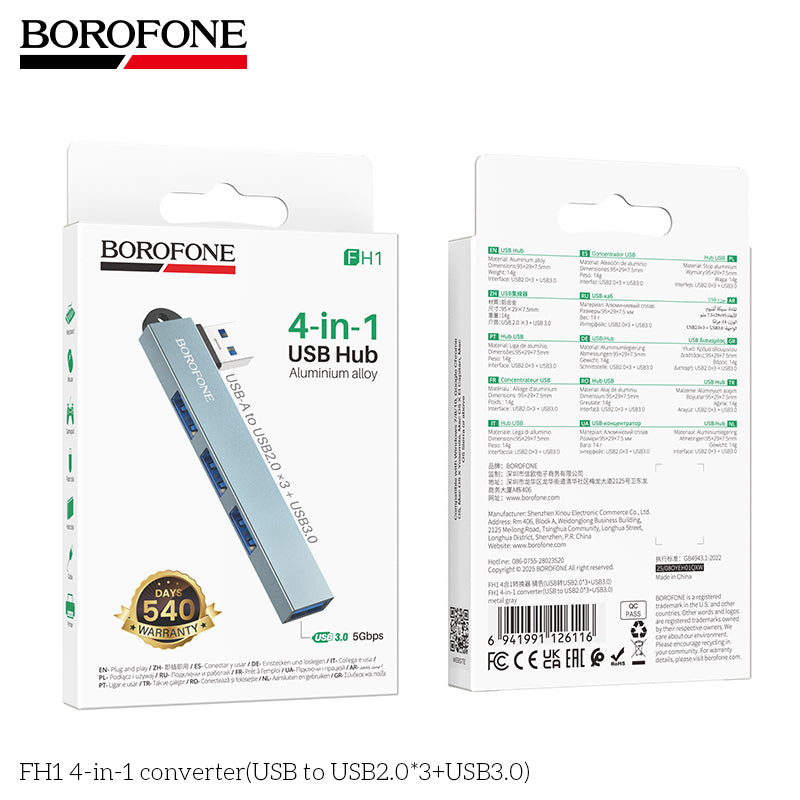 BOROFONE FH1 4-in-1 USB Converter(USB to USB2.0*3+USB3.0)