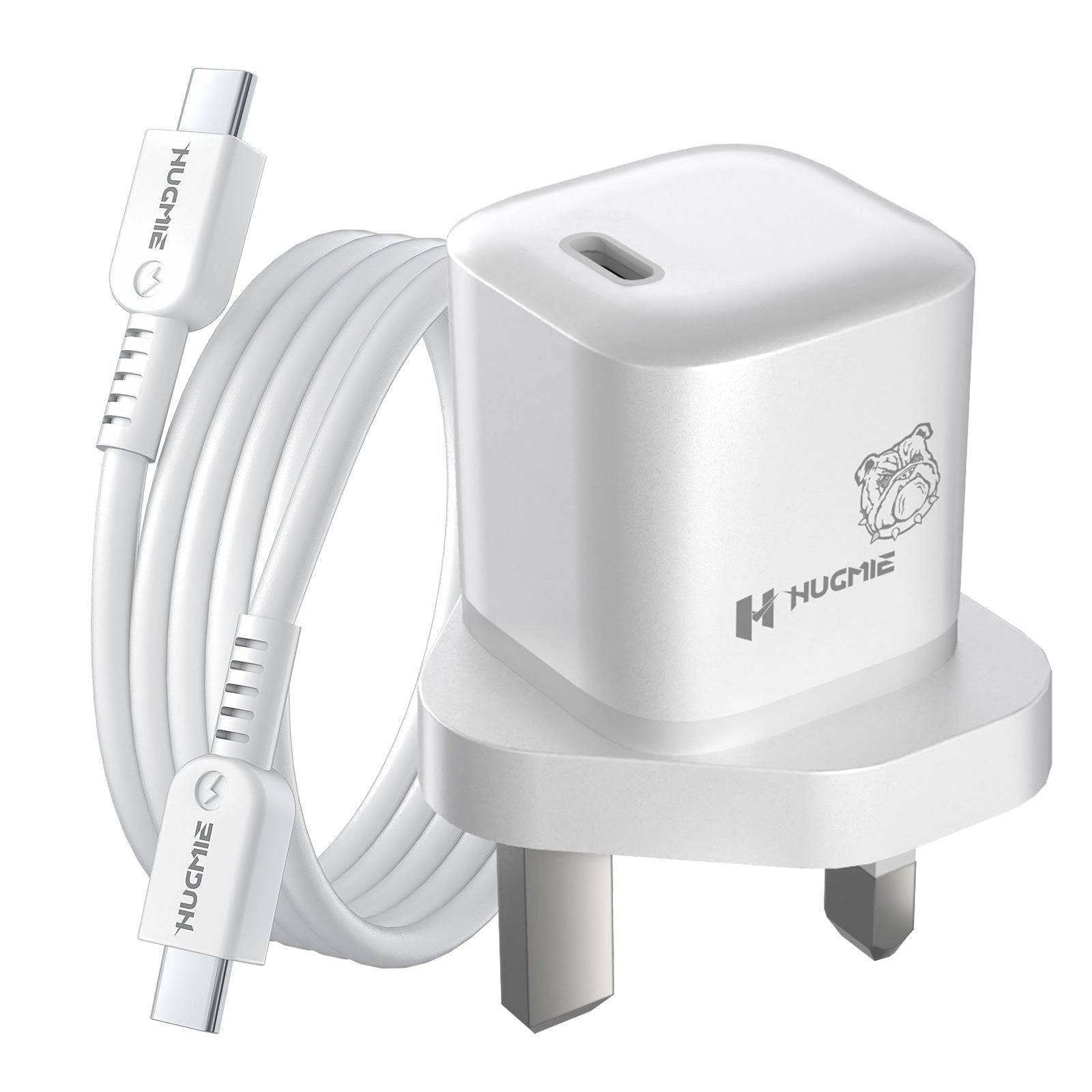 Hugmie FP-02C 20W PD Fast Charger with 1M Type C Cable, featuring a compact white plug and durable USB-C to USB-C cable for efficient charging.