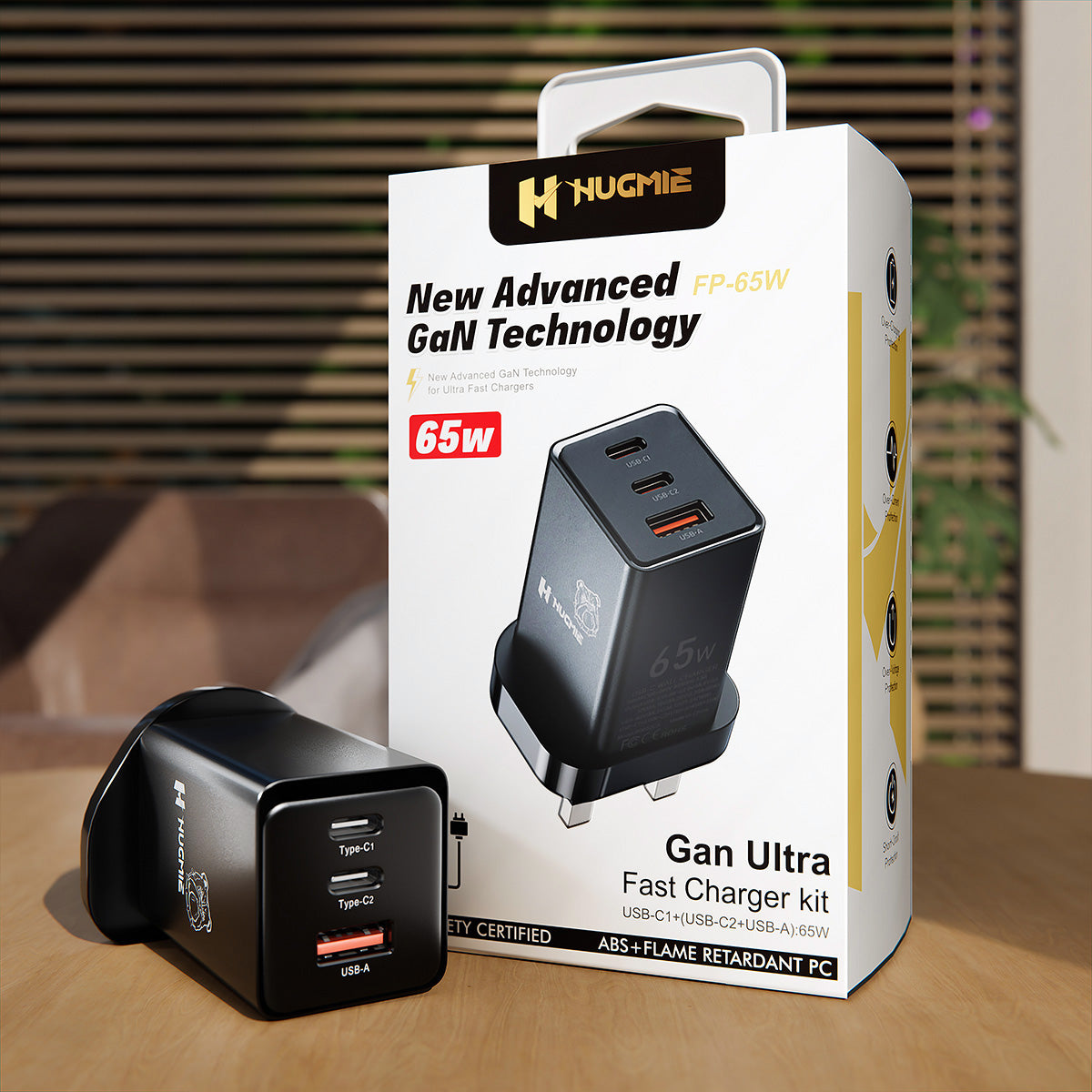 Hugmie® FP-65W GaN USB C Fast Charger with advanced GaN technology, packaged for retail, offering high-speed and safe charging solutions.