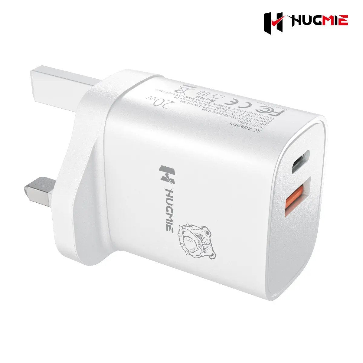 Hugmie FP01 QC3.0 + PD 20W dual USB wall charger with UK plug, featuring a sleek white design for fast and efficient charging.