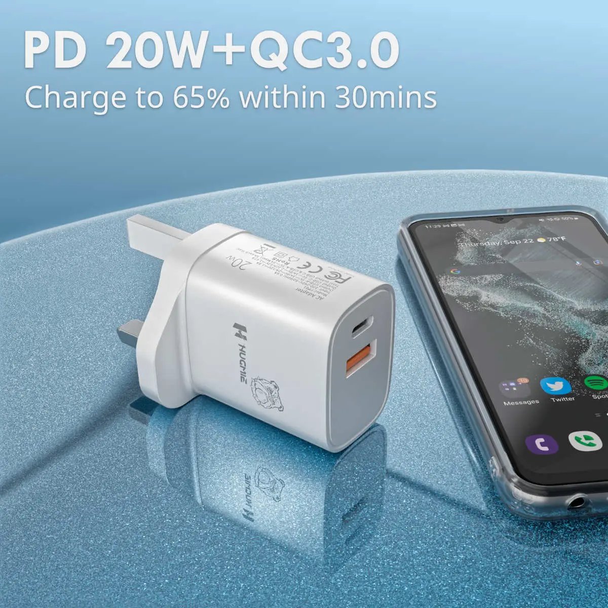 Hugmie FP01 dual USB charger with PD 20W and QC3.0, capable of charging devices up to 65% in just 30 minutes.