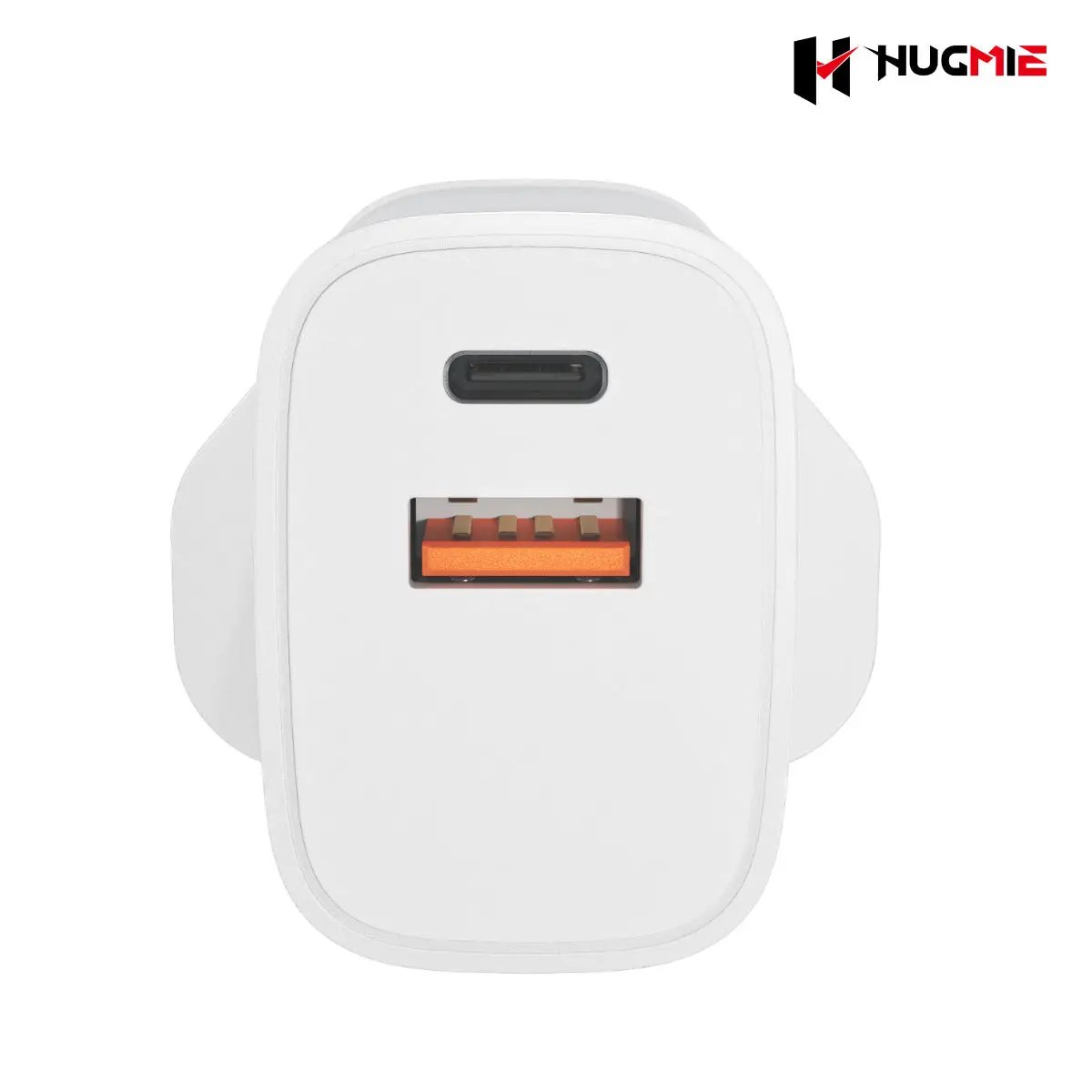 Front view of Hugmie FP01 dual USB wall charger featuring a USB-C and USB-A port for fast and efficient charging.