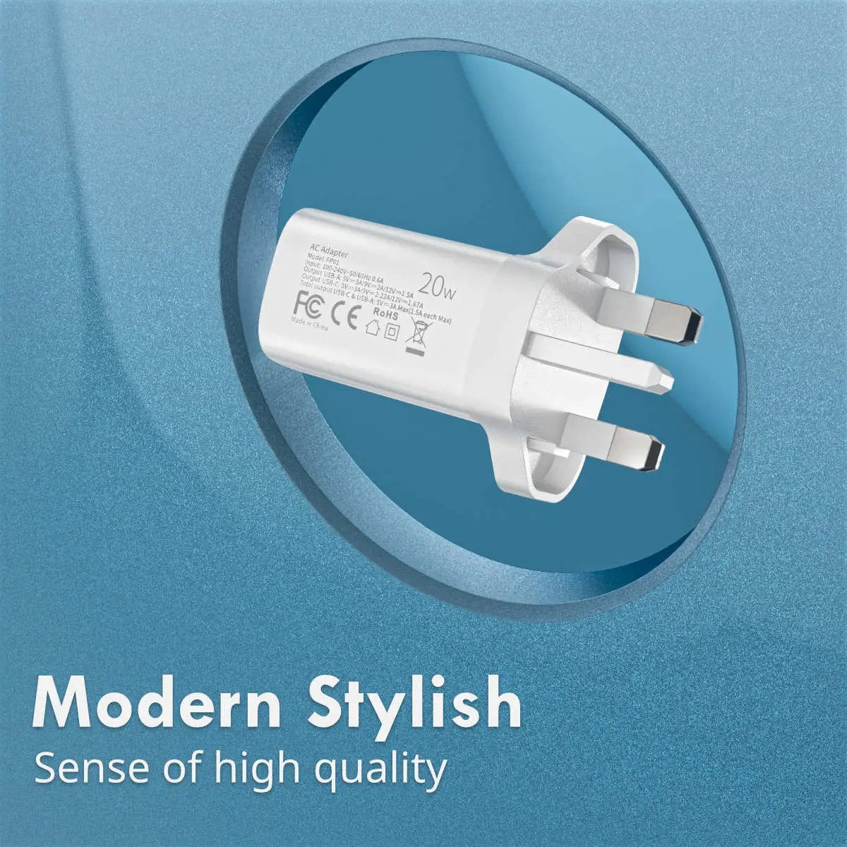 Modern and stylish Hugmie FP01 fast charger with a high-quality build, designed for efficient and safe power delivery.