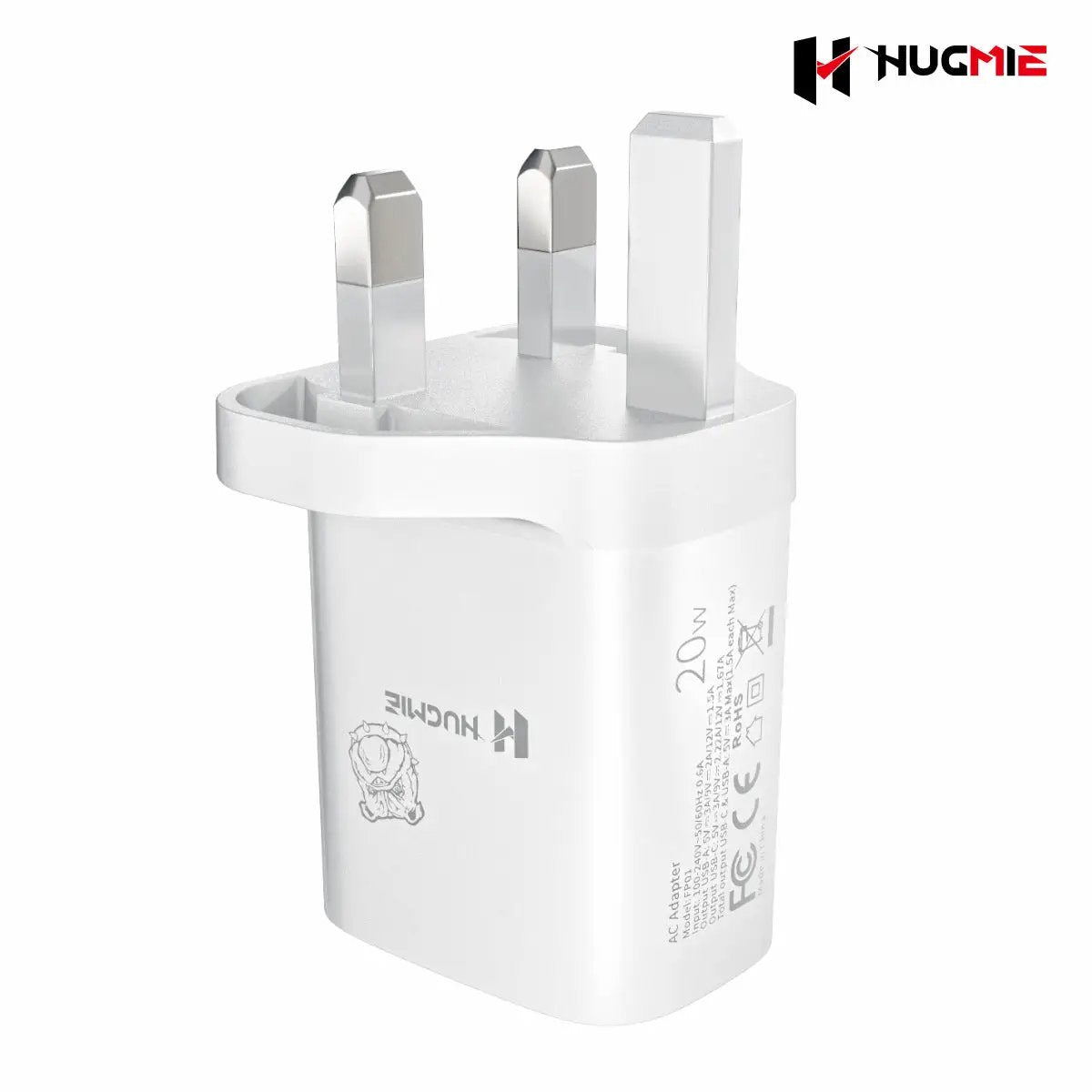 Hugmie FP01 dual USB charger with a sturdy UK plug design, ensuring durability and efficient power delivery.