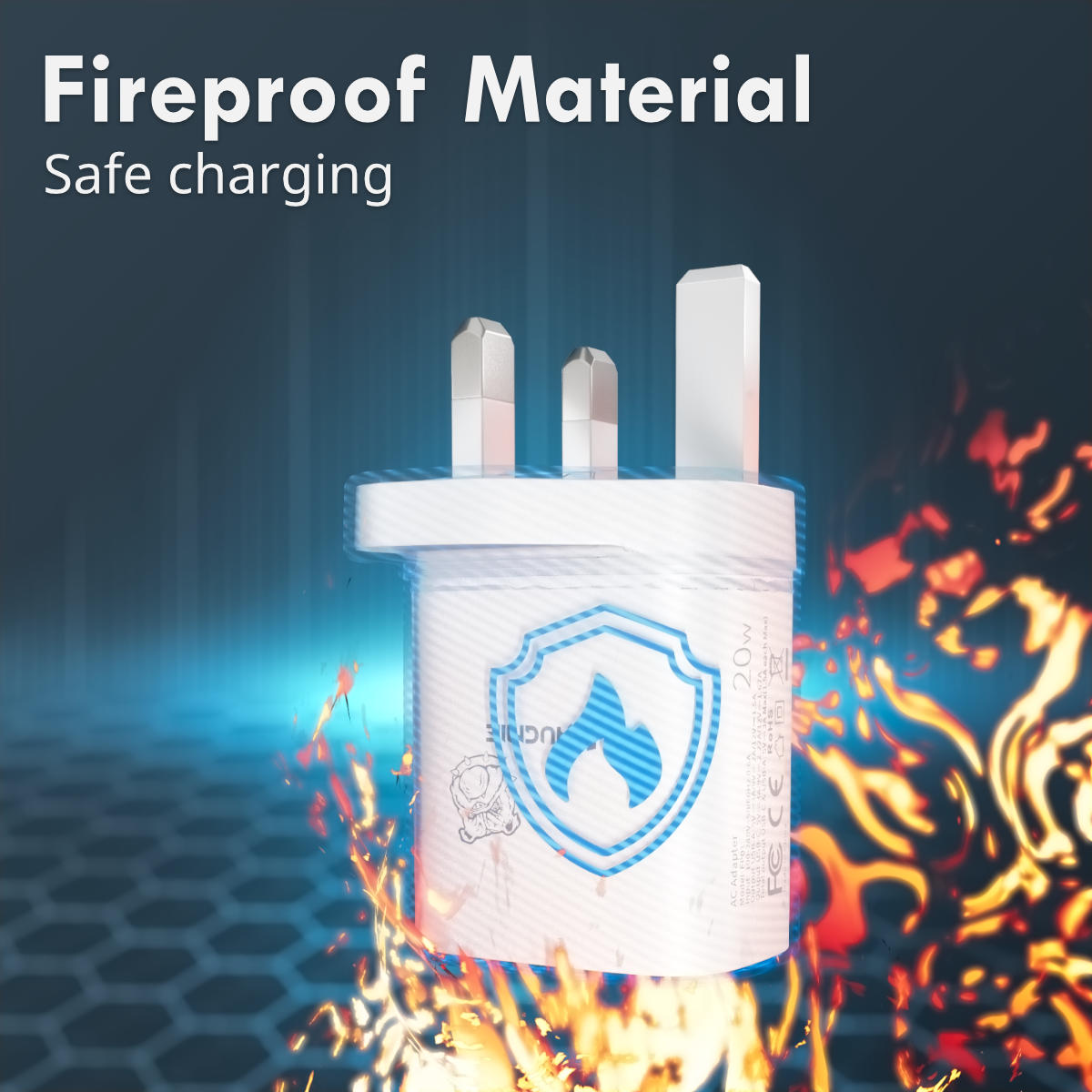 Hugmie FP01 fast charger made of fireproof material, ensuring safe and reliable charging with PD 20W and QC3.0 technology.