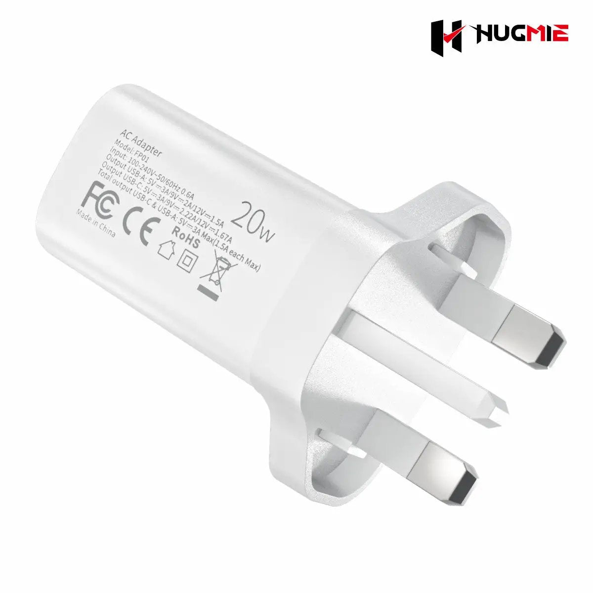 Hugmie FP01 20W fast charger with UK plug, displaying technical specifications and certifications for safe and reliable use.