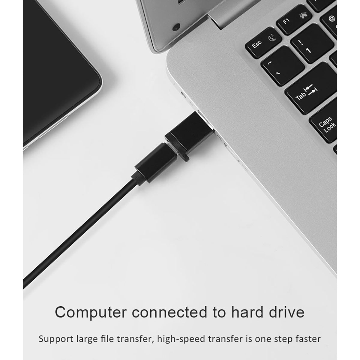 FT-ADA18 USB Adapter connecting a laptop to a hard drive, enabling fast large file transfers via USB 3.0 to Type-C.