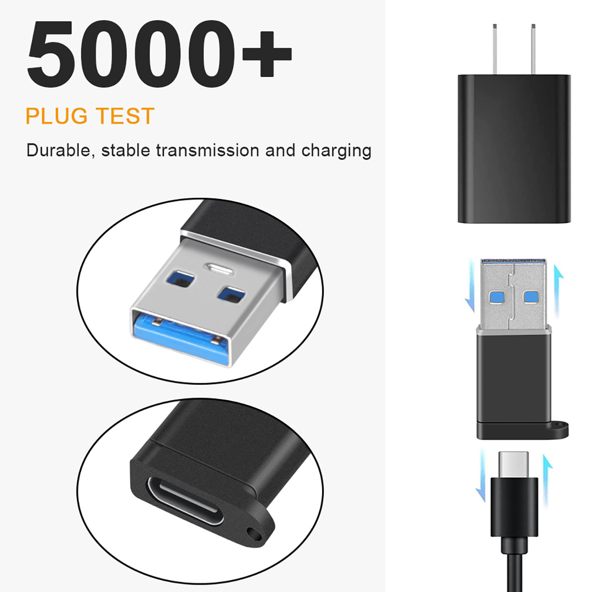 Durable FT-ADA18 USB Adapter tested over 5000+ plugs, ensuring stable USB 3.0 to Type-C charging and data transmission.