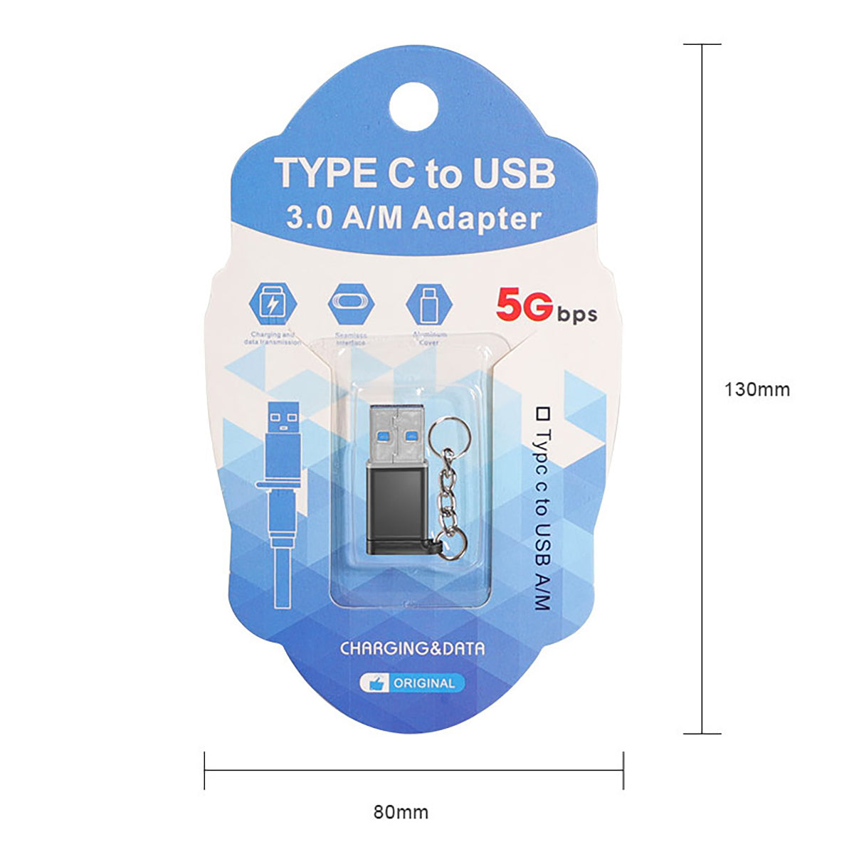 Retail packaging of FT-ADA18 USB to Type-C Adapter, includes keychain and supports 5Gbps data transfer speed.