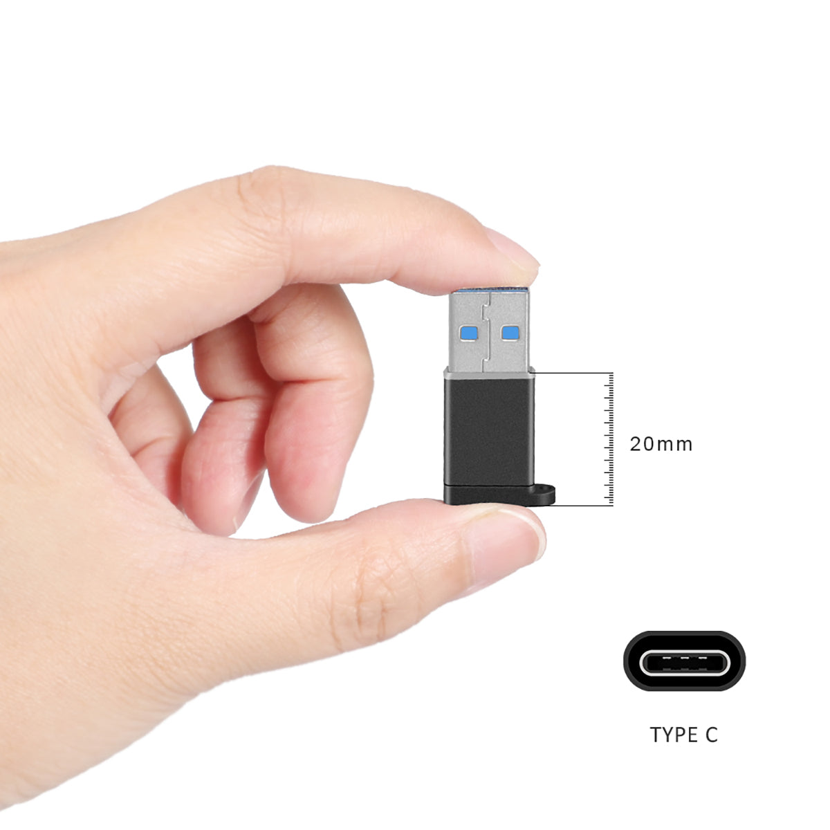 Compact FT-ADA18 USB to Type-C Adapter held in hand, measuring 20mm in height, ideal for portable electronics use.