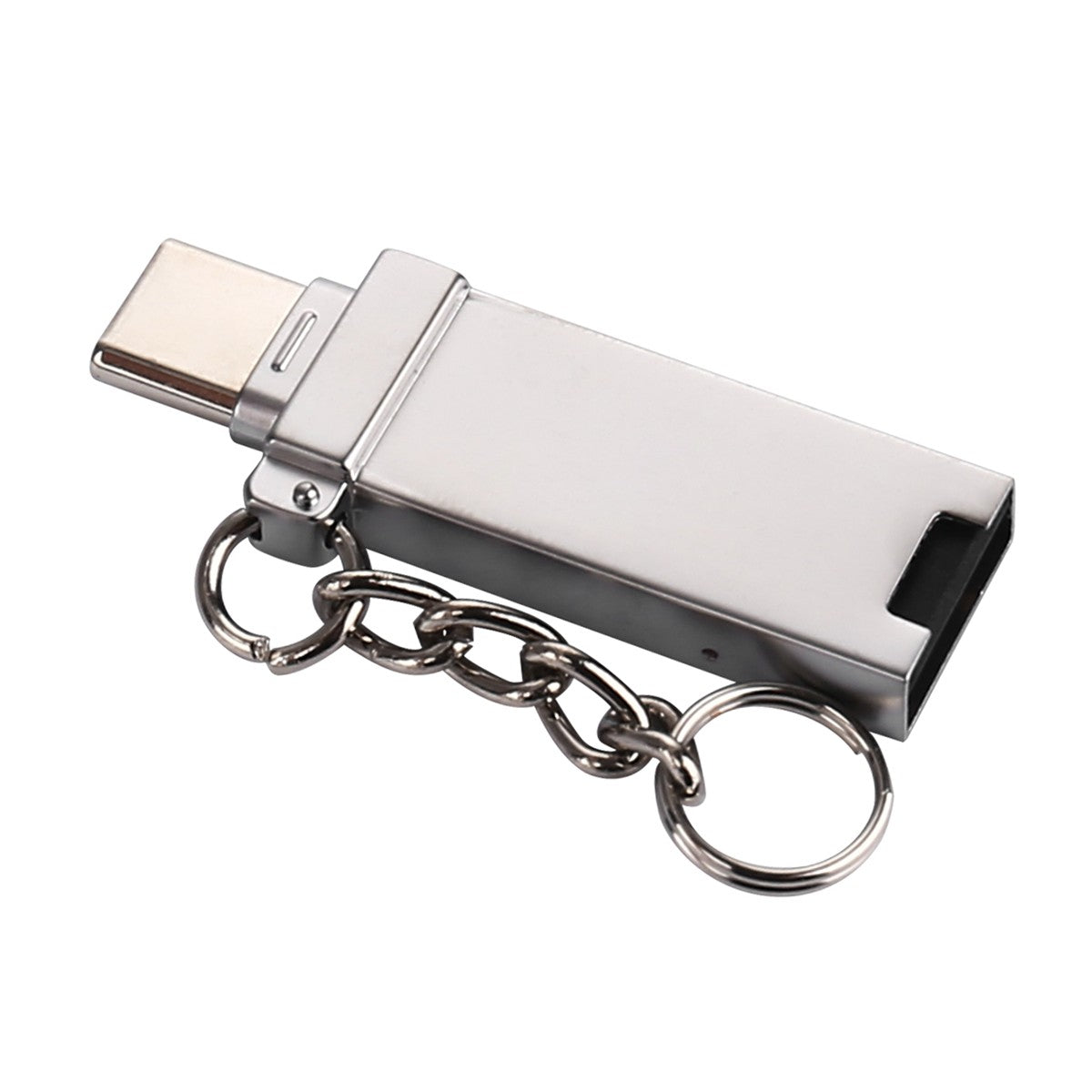 Angled view of FT-ADA21 2-in-1 Card Reader for Type-C & USB A with keychain, sleek metallic finish ideal for on-the-go use | Hugmie