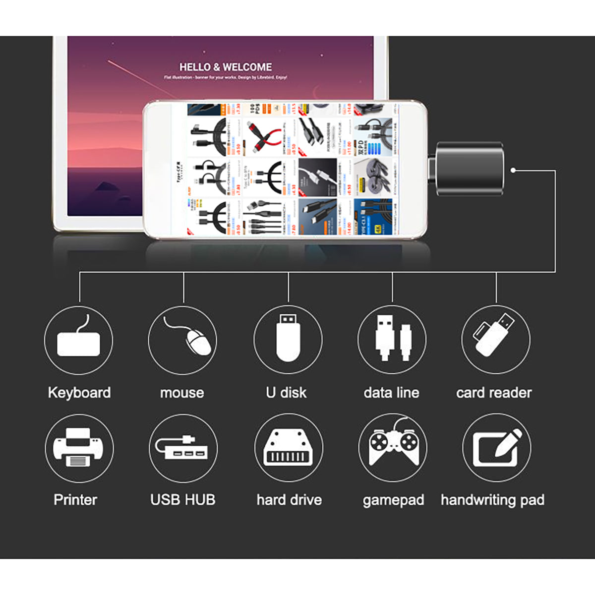 FT-ADA27 Type-C to USB Adapter supports multiple devices like keyboard, mouse, U disk, and gamepad for versatile connectivity.