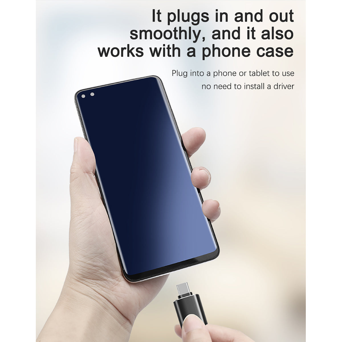 FT-ADA27 Type-C to USB Adapter easily plugs into smartphones, even with cases, for seamless USB device connection.