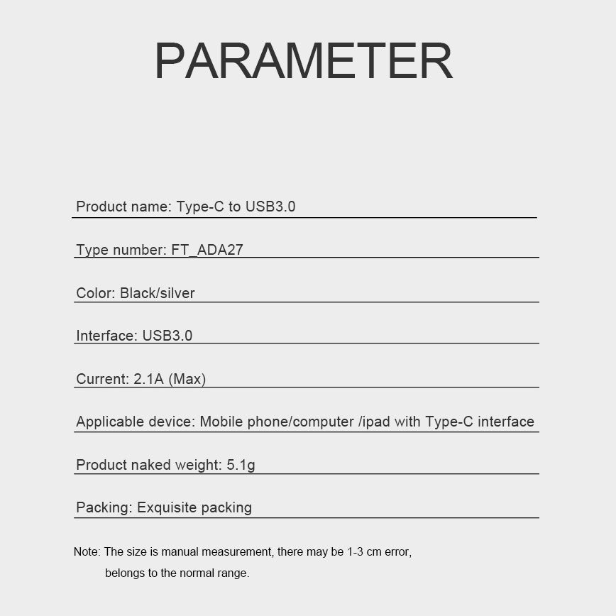 FT-ADA27 Type-C to USB Adapter specifications including USB 3.0 interface, 2.1A current, and compatibility with Type-C devices.