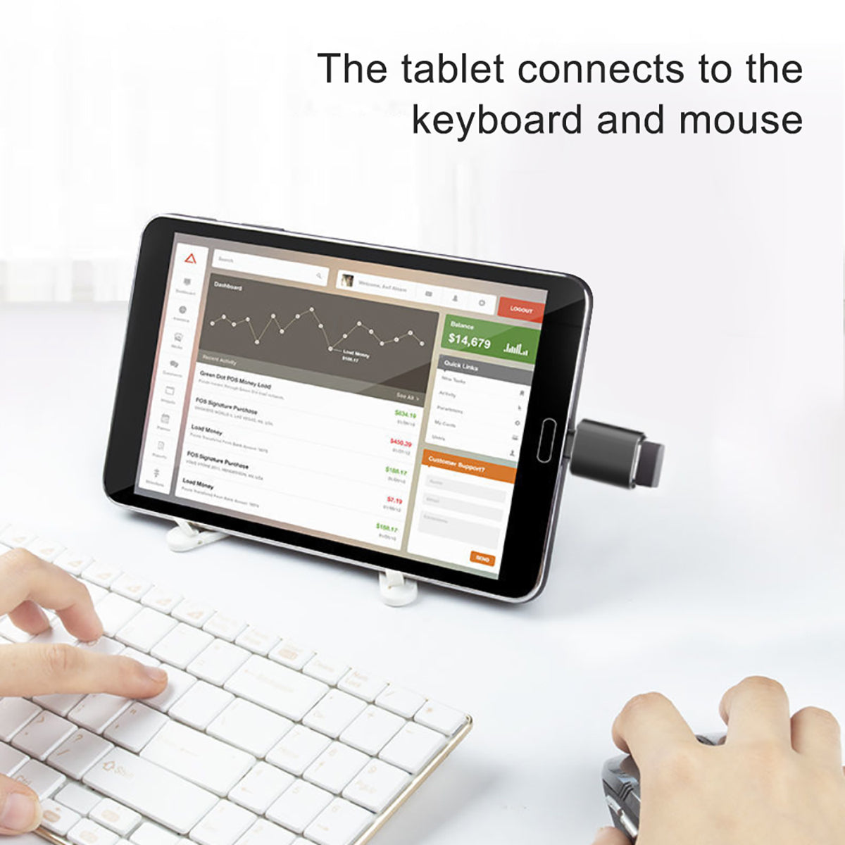Tablet connected to keyboard and mouse using FT-ADA27 Type-C to USB Adapter, enhancing productivity and ease of use.