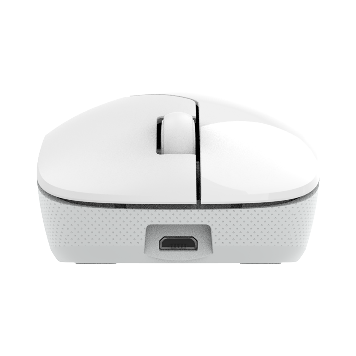 Rear view of INDENA G-228-2-C Wireless Mouse in white, showing USB charging port. Compact and rechargeable for mobile productivity.