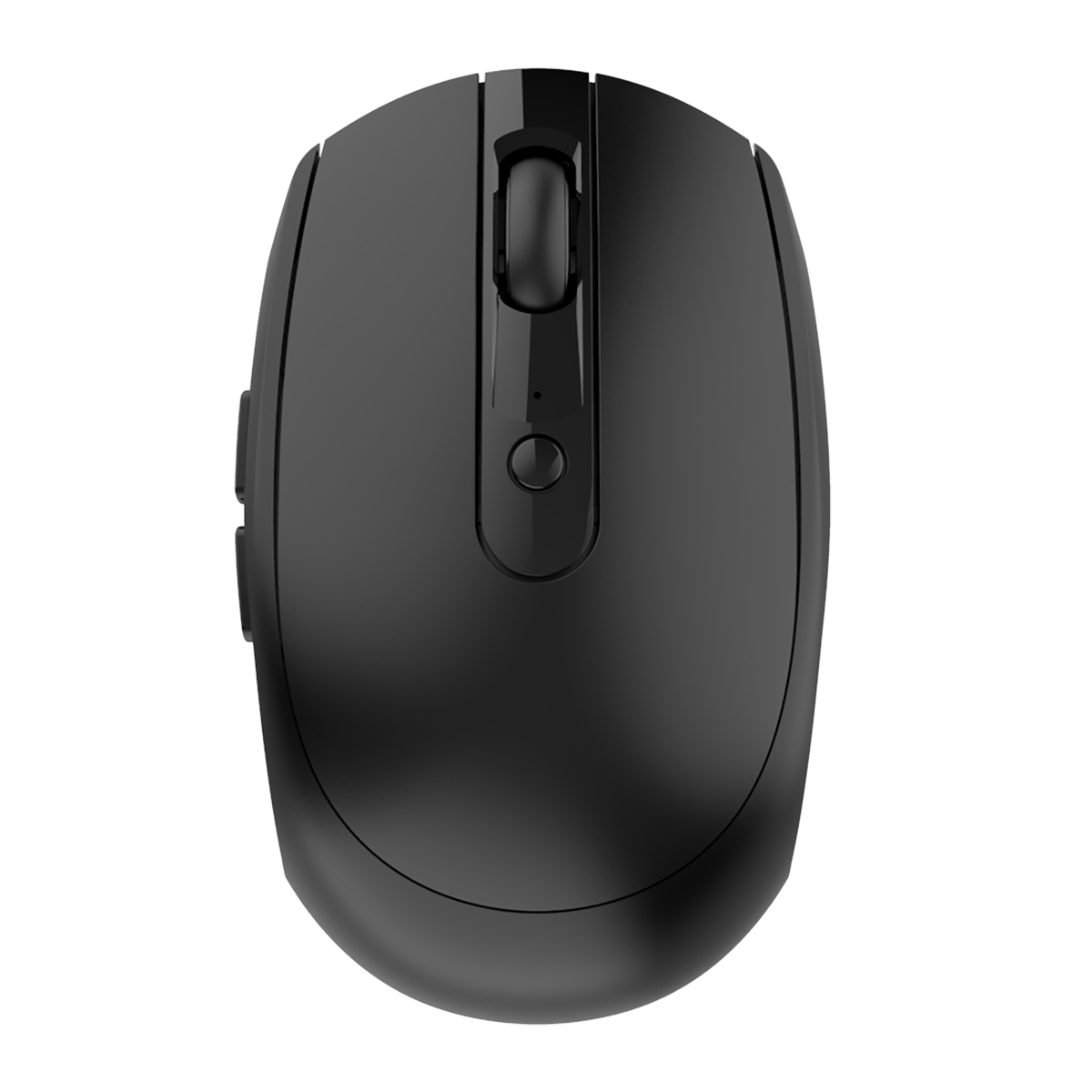 Top view of black INDENA G-235-6-D Dual Mode Wireless Mouse with smart power-saving button and responsive scroll wheel.
