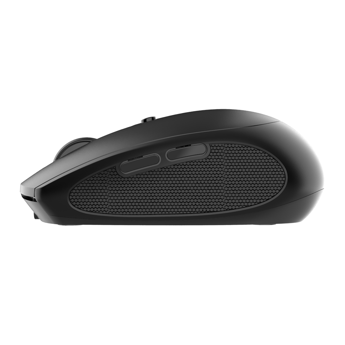 Side view of black INDENA G-235-6-D Wireless Mouse showing textured grip and programmable side buttons for gaming efficiency.