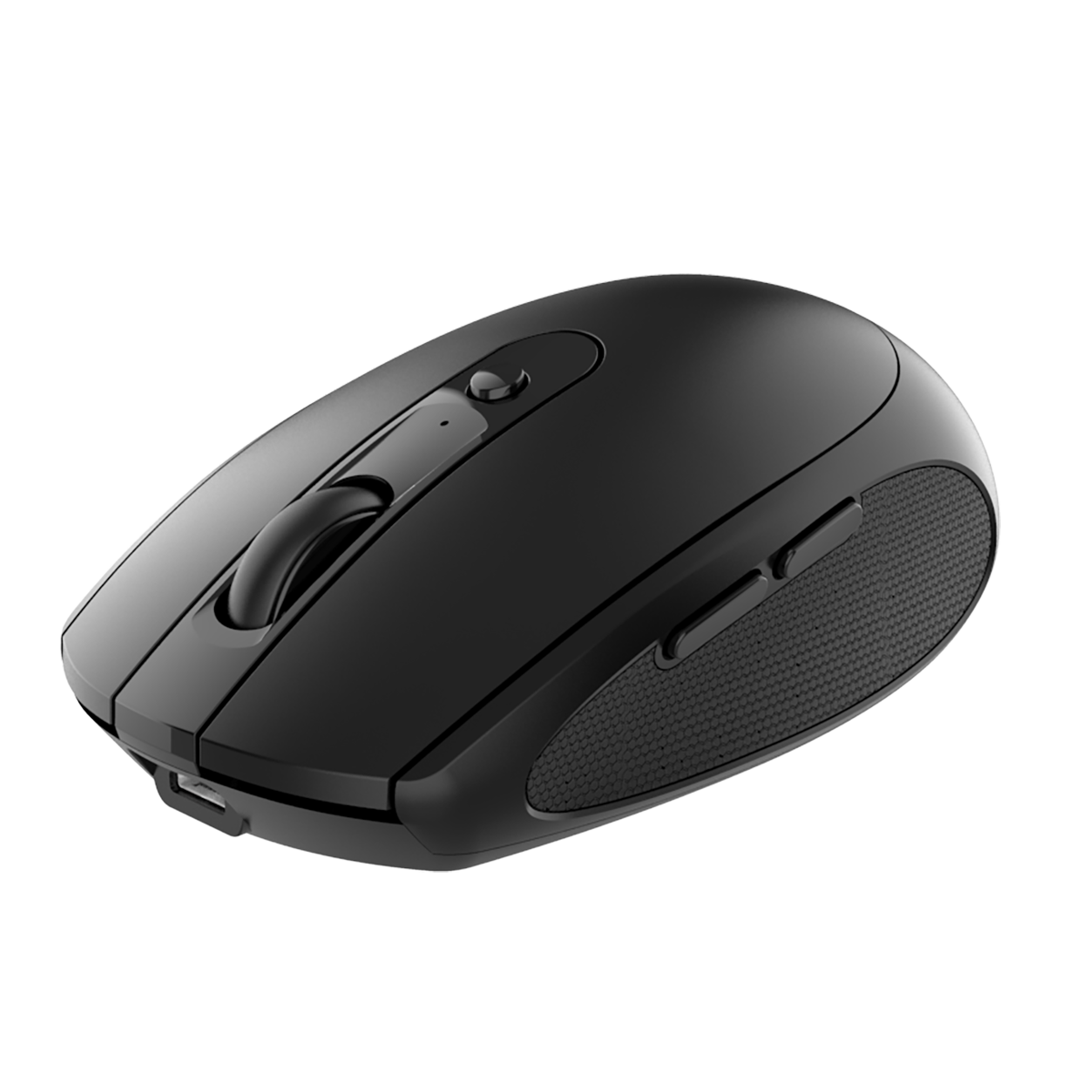 Angled view of black INDENA G-235-6-D Dual Mode Mouse with ergonomic shape and dual connectivity for versatile use.
