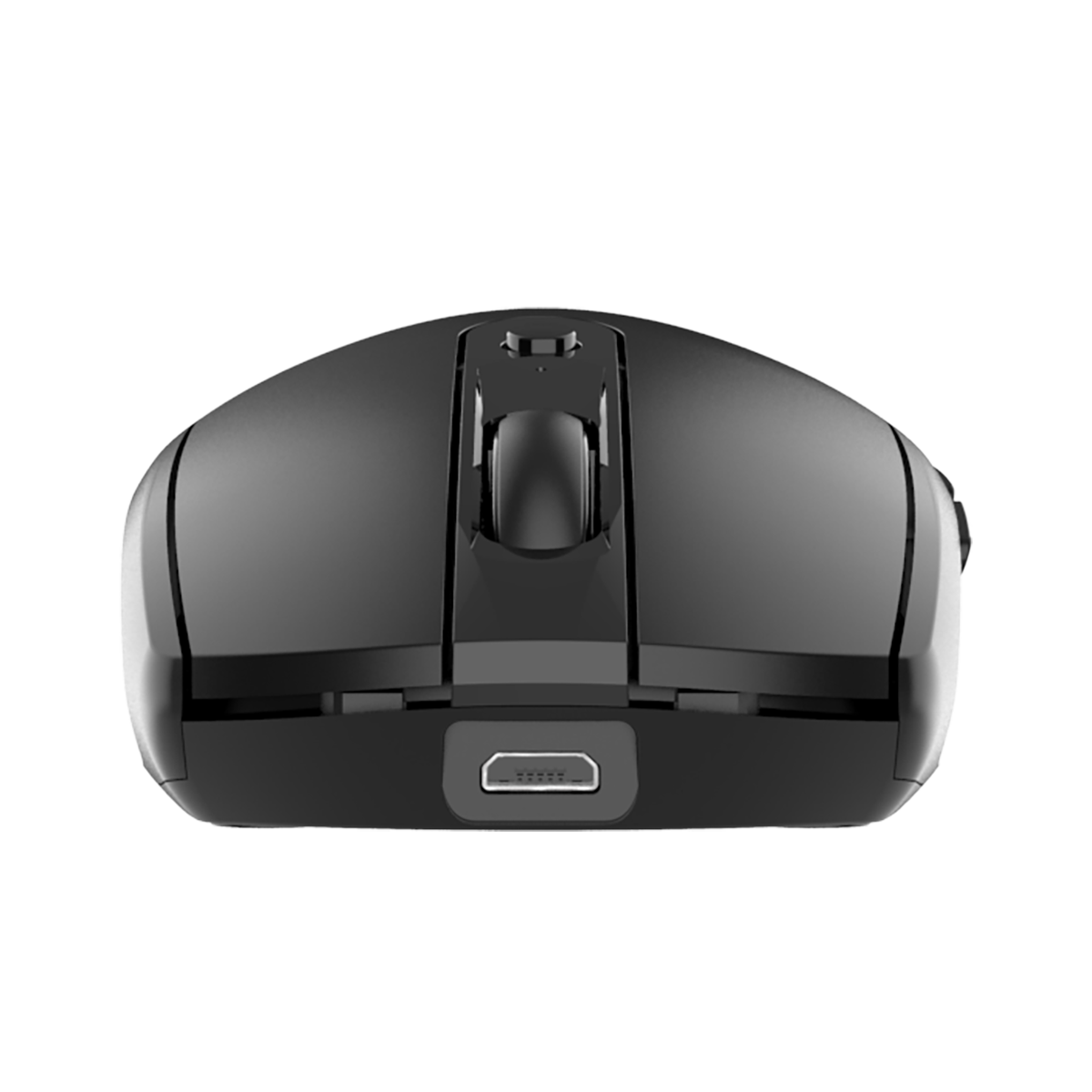 Front view of black INDENA G-235-6-D Wireless Mouse featuring USB-C charging port and sleek, compact design for portability.