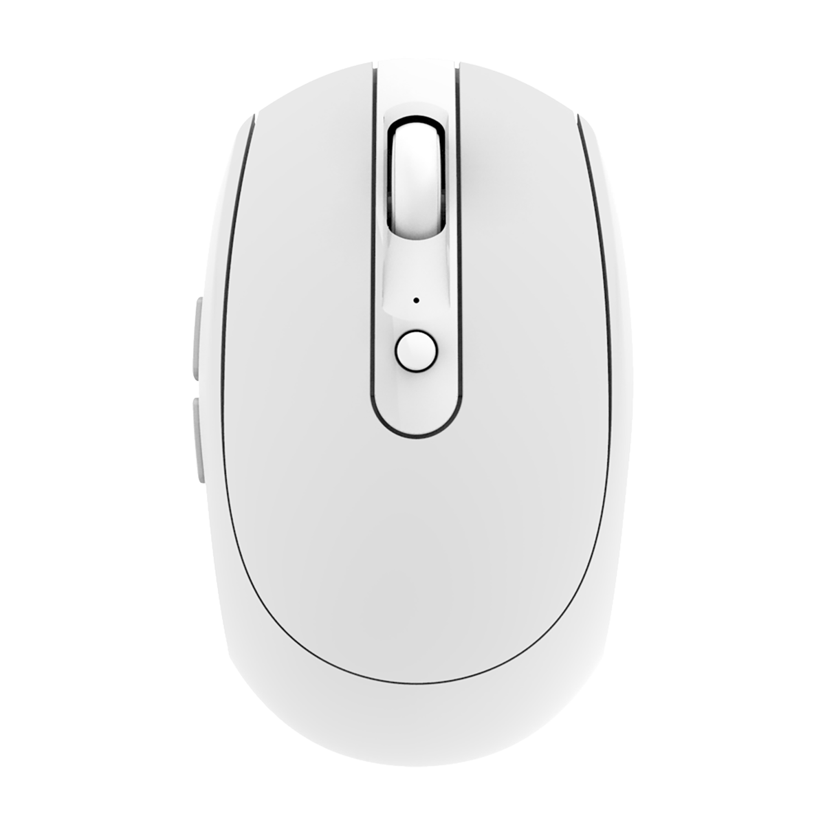 Top view of INDENA G-235-6-D Wireless Mouse in white, showing scroll wheel and dual mode button for seamless device switching.