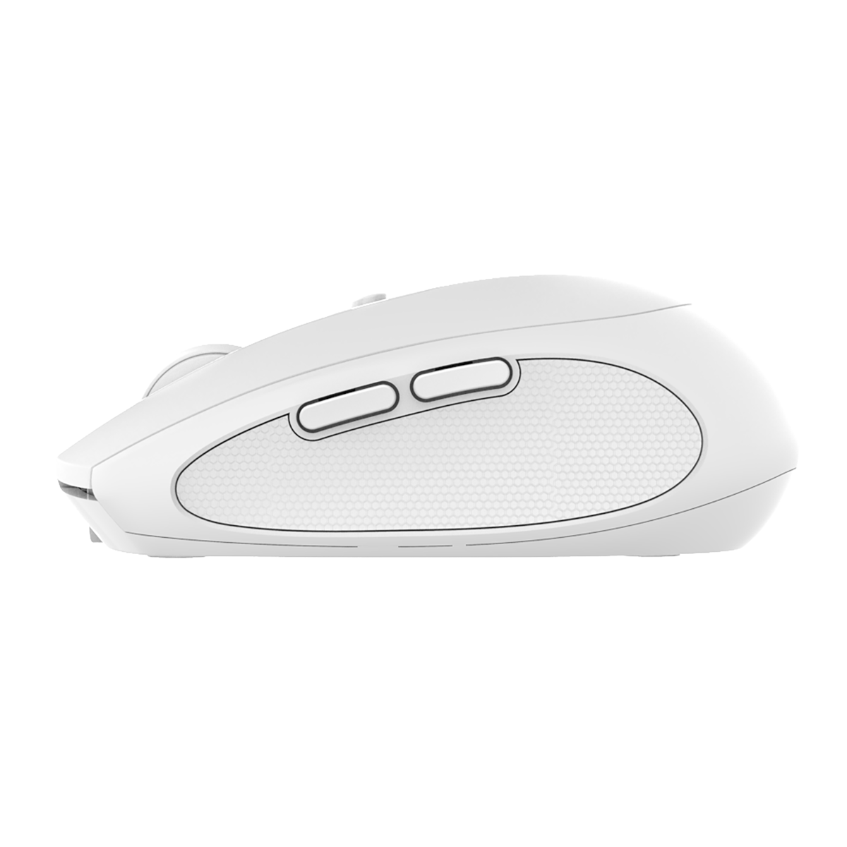 Side profile of white INDENA G-235-6-D Wireless Mouse with dual side buttons and textured grip for enhanced comfort and control.
