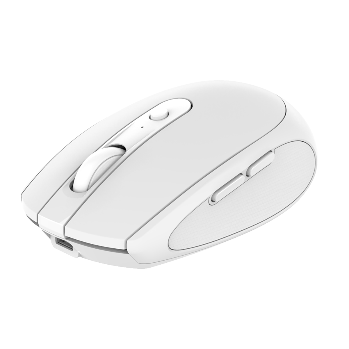 Angled view of white INDENA G-235-6-D Dual Mode Mouse with USB-C charging port and ergonomic soft TPE hand guard.