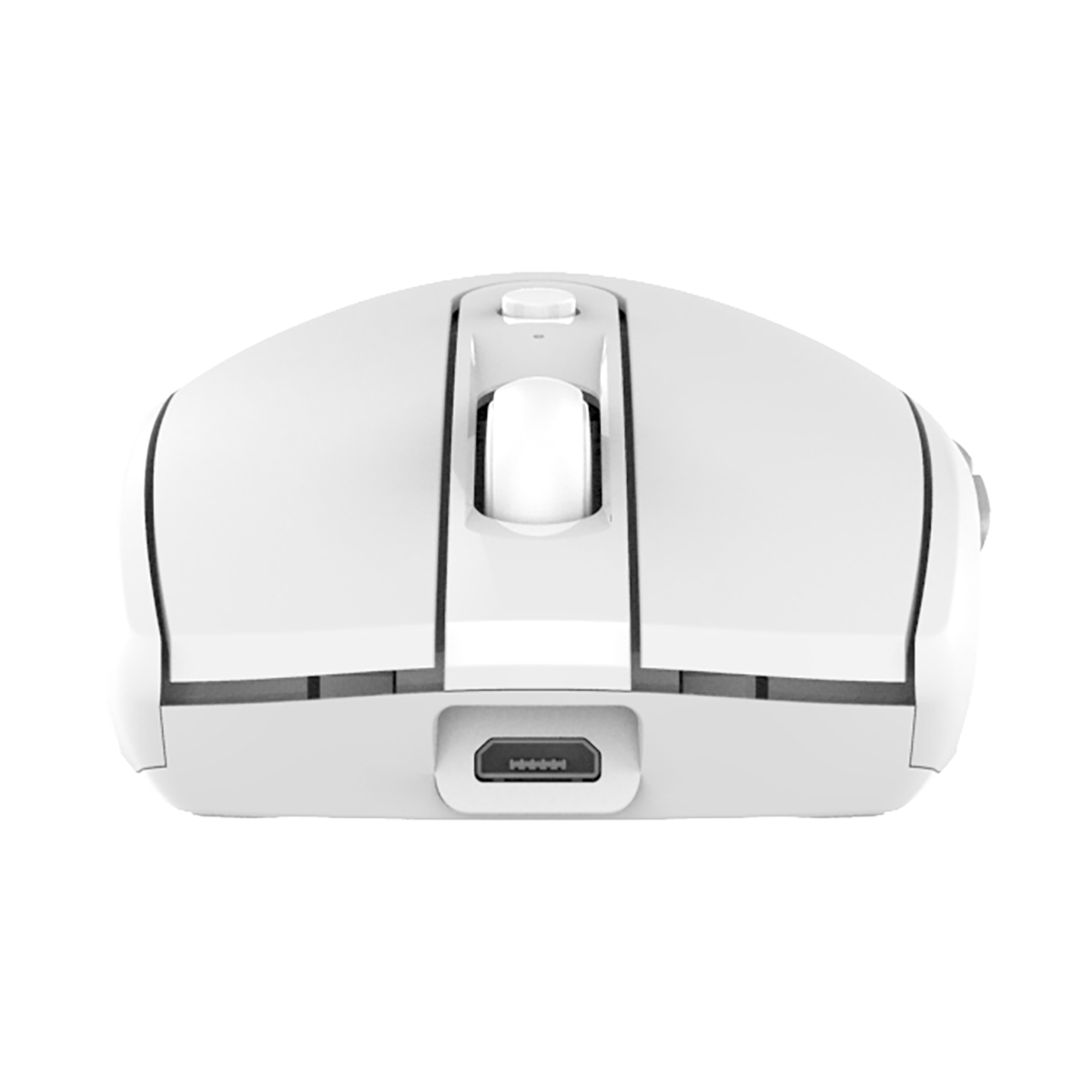 Front view of white INDENA G-235-6-D Wireless Mouse highlighting USB-C charging port and dual injection molded design.