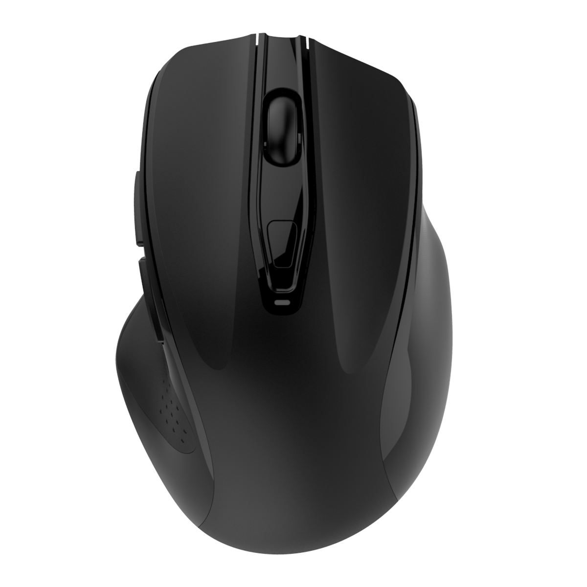 Top view of INDENA G-528-D Dual Mode Wireless Mouse in black, featuring a scroll wheel and dual-mode switch for PC, tablet, and smartphone use.
