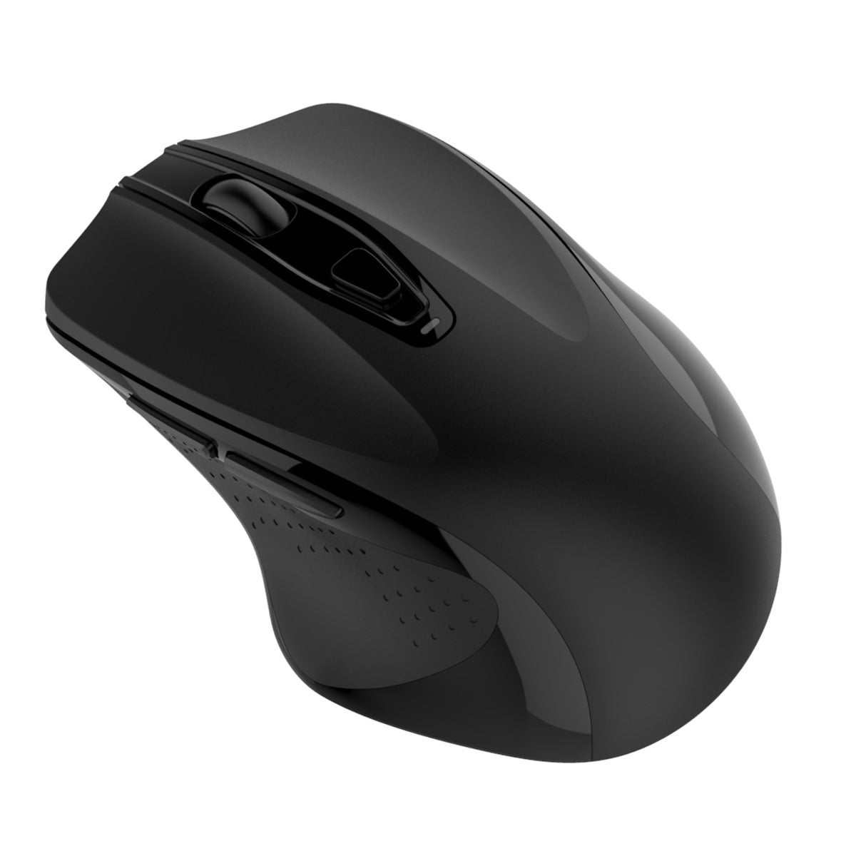 Angled view of black INDENA G-528-D Dual Mode Wireless Mouse with ergonomic design and energy-saving rechargeable battery.