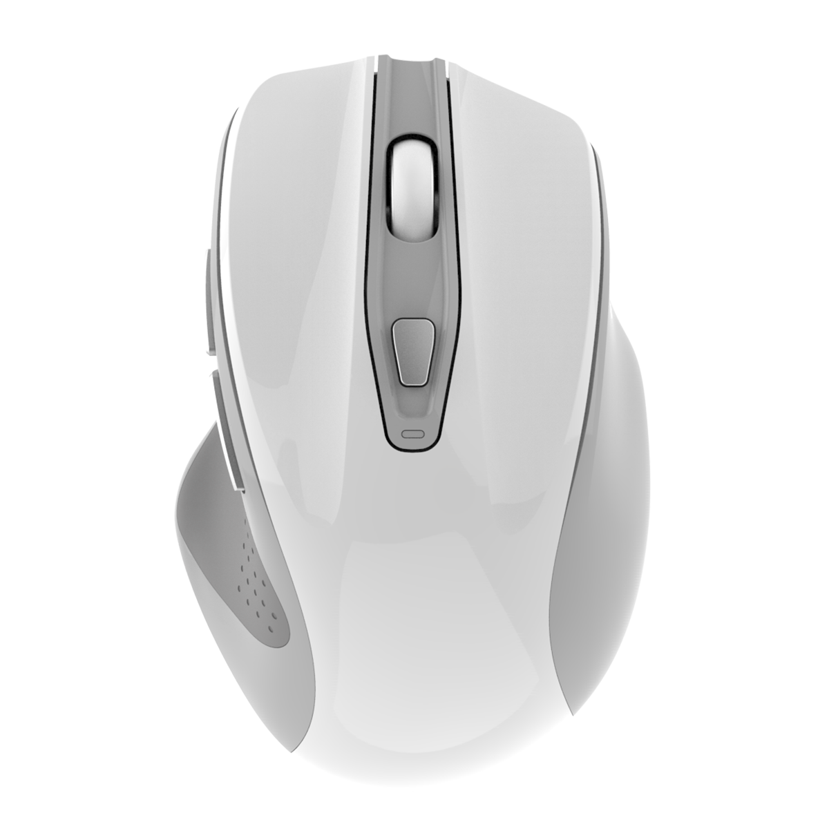 Top view of white INDENA G-528-D Dual Mode Wireless Mouse with scroll wheel and mode switch, ideal for multi-device connectivity via Bluetooth or 2.4G.