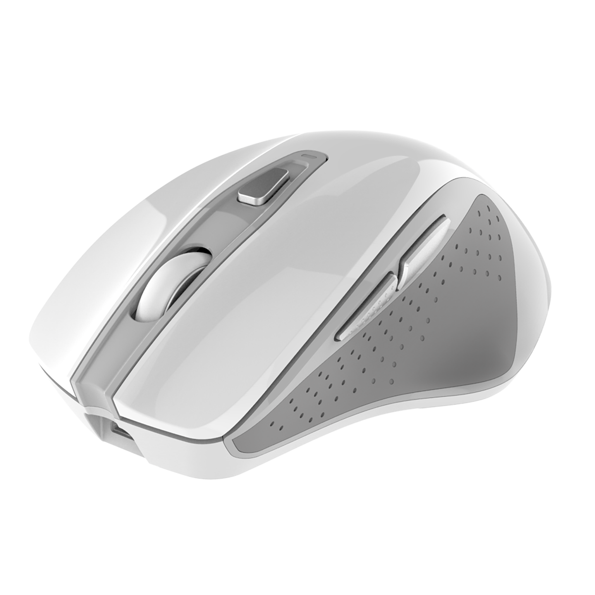 Angled view of white INDENA G-528-D Wireless Mouse showing side buttons and textured grip for enhanced control on PC, tablet, or smartphone.