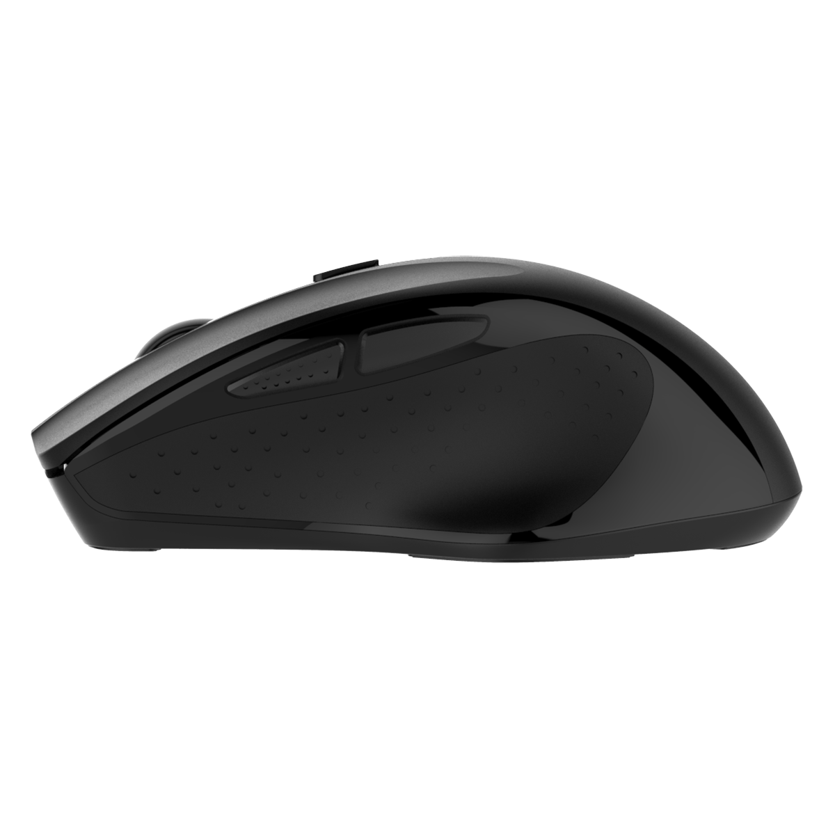 Right-side profile of black INDENA G-528-D Dual Mode Mouse with ergonomic curve and side buttons for enhanced productivity and control.