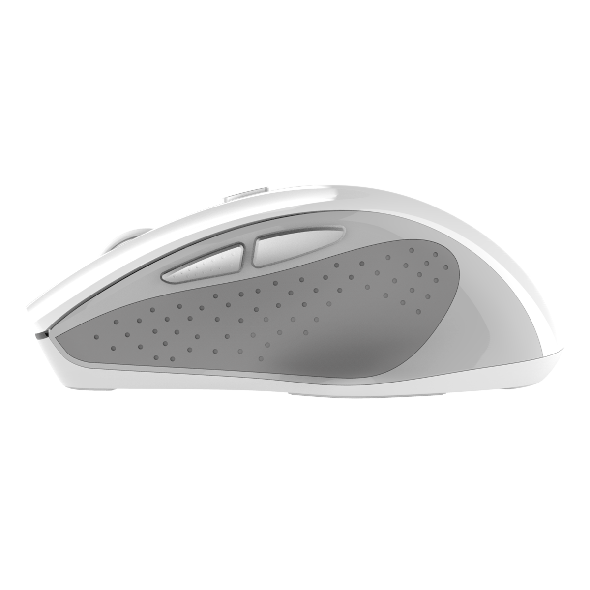 Side profile of white INDENA G-528-D Dual Mode Wireless Mouse with ergonomic grip and side buttons for seamless device switching.