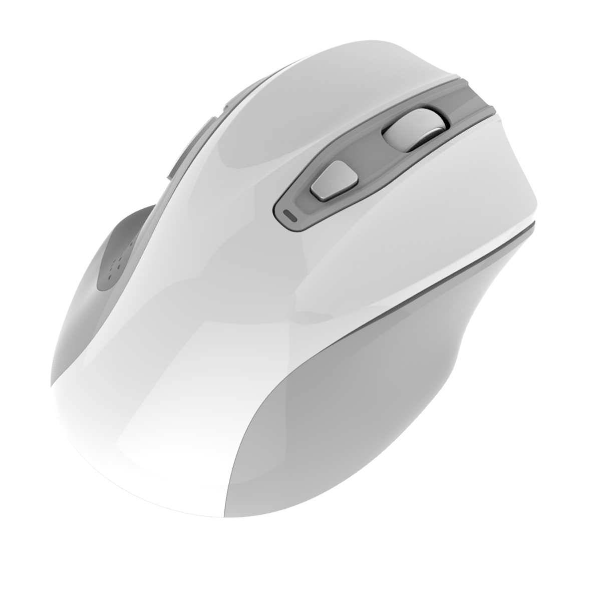Rear angled view of white INDENA G-528-D Wireless Mouse featuring a sleek design and dual-mode switch for Bluetooth 5.0 and 2.4G use.