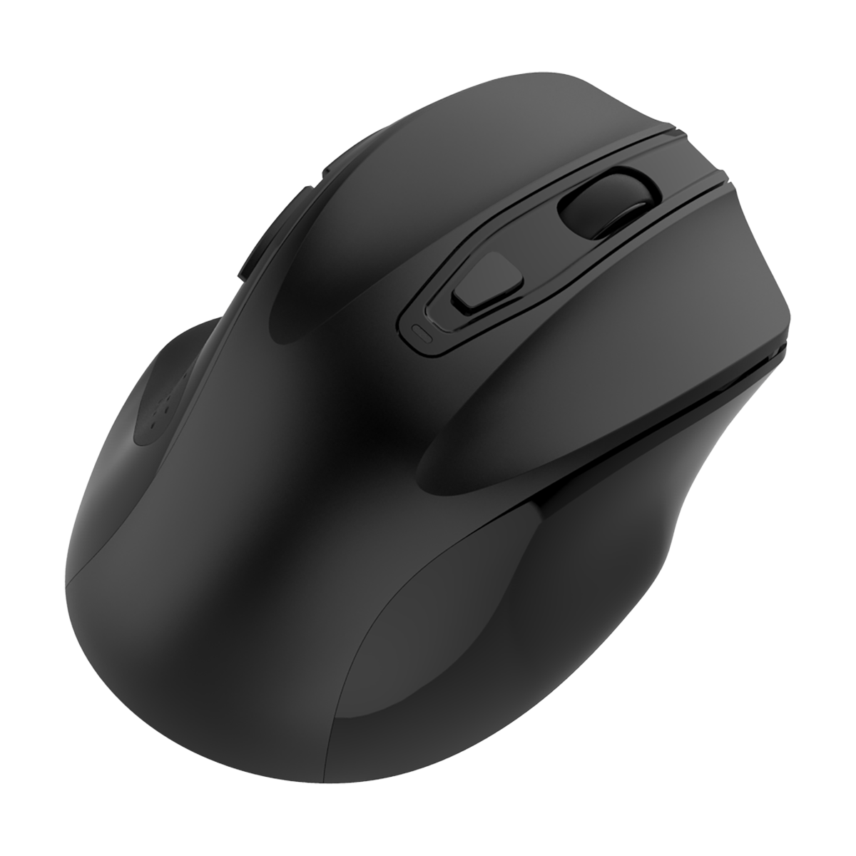 Rear angled view of black INDENA G-528-D Wireless Mouse highlighting the dual-mode switch and smooth matte finish for comfortable handling.