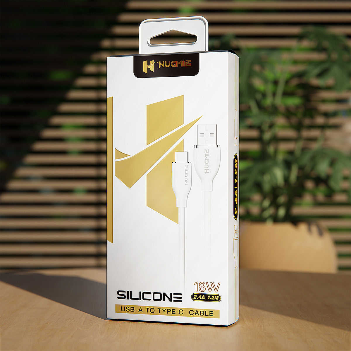 Premium packaging of Hugmie® Silicone USB-A to Type-C Fast Charging Cable 1.2M, showcasing its 18W fast charging capability and sleek design.