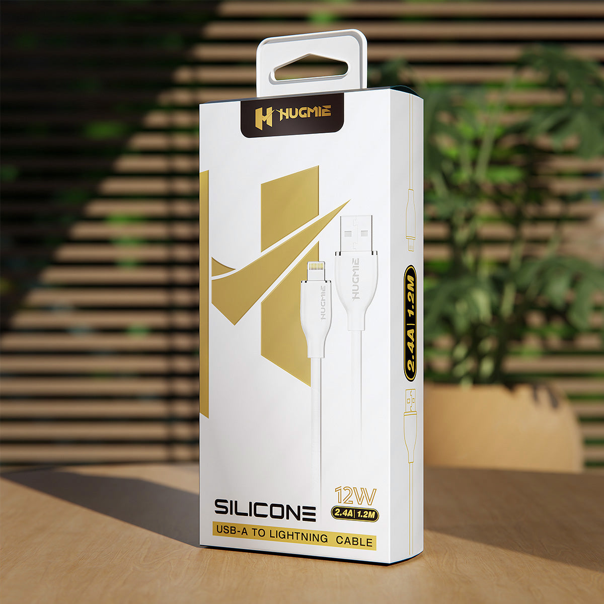 Retail packaging of Hugmie® Silicone USB-A to Lightning Fast Charging Cable 1.2M, showcasing its premium design and 12W power output.