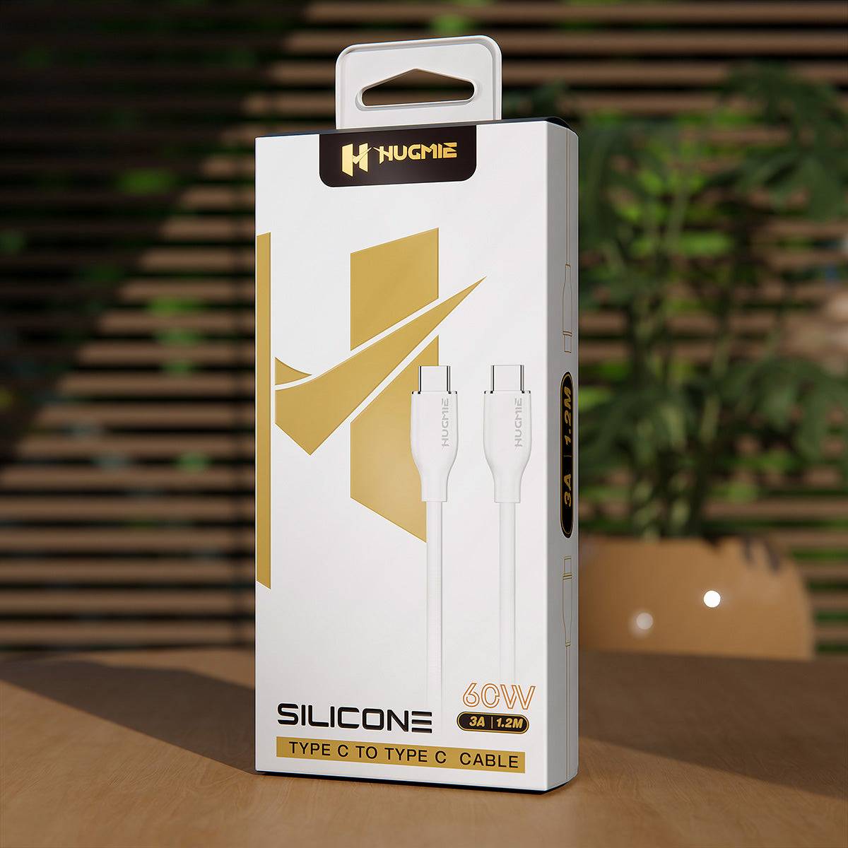 Hugmie GC12C Silicone 60W Type C to Type C Fast Charging Cable 1.2M in premium packaging, highlighting its fast charging and durable build.