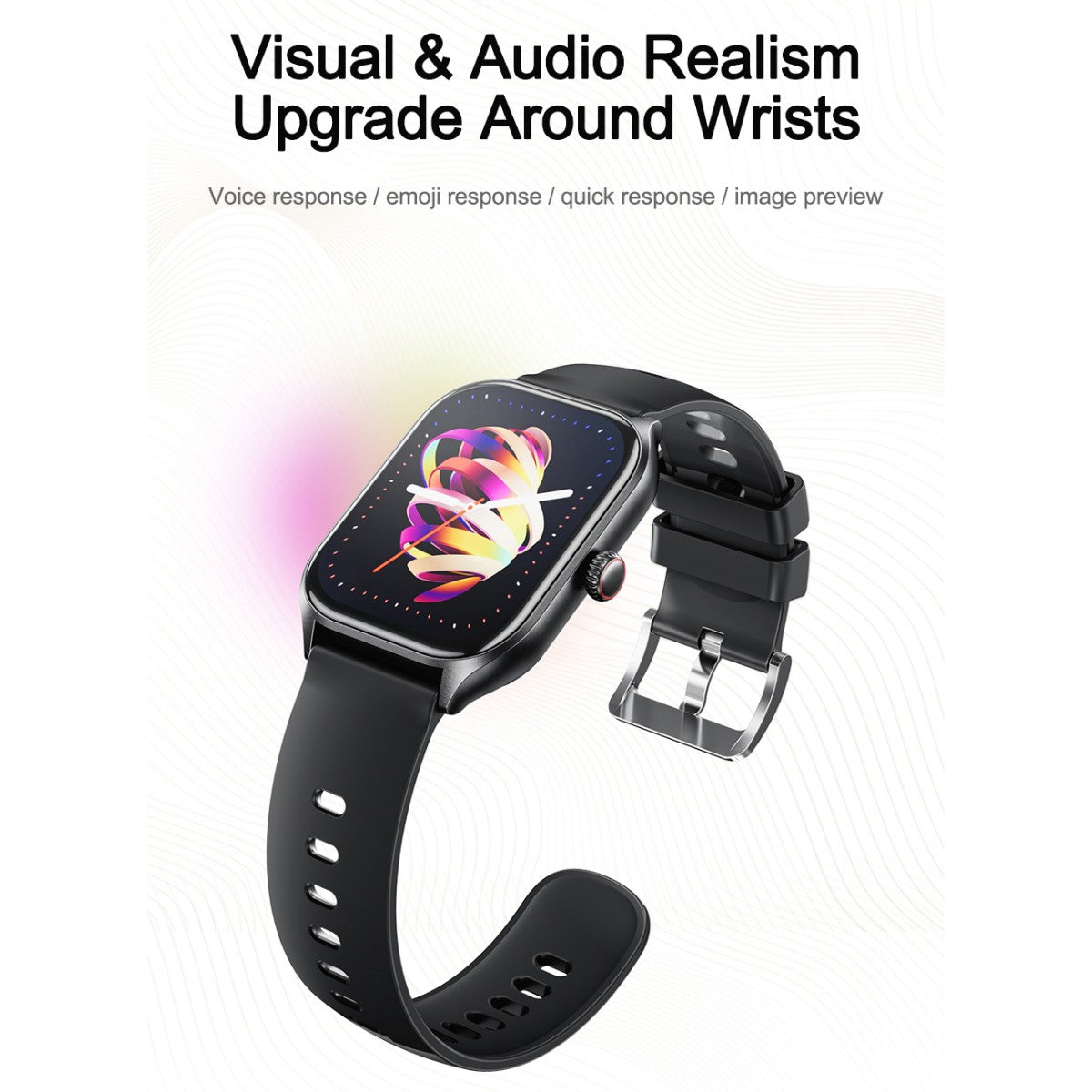 AWEI H21 Smart Watch showcasing visual and audio features like voice and emoji response, designed for immersive wrist interaction.