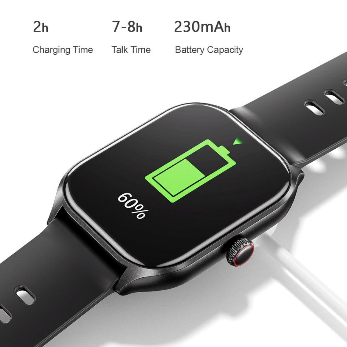 AWEI H21 Smart Watch charging screen with 230mAh battery, 2-hour charge time, and 7–8 hours talk time for daily use.