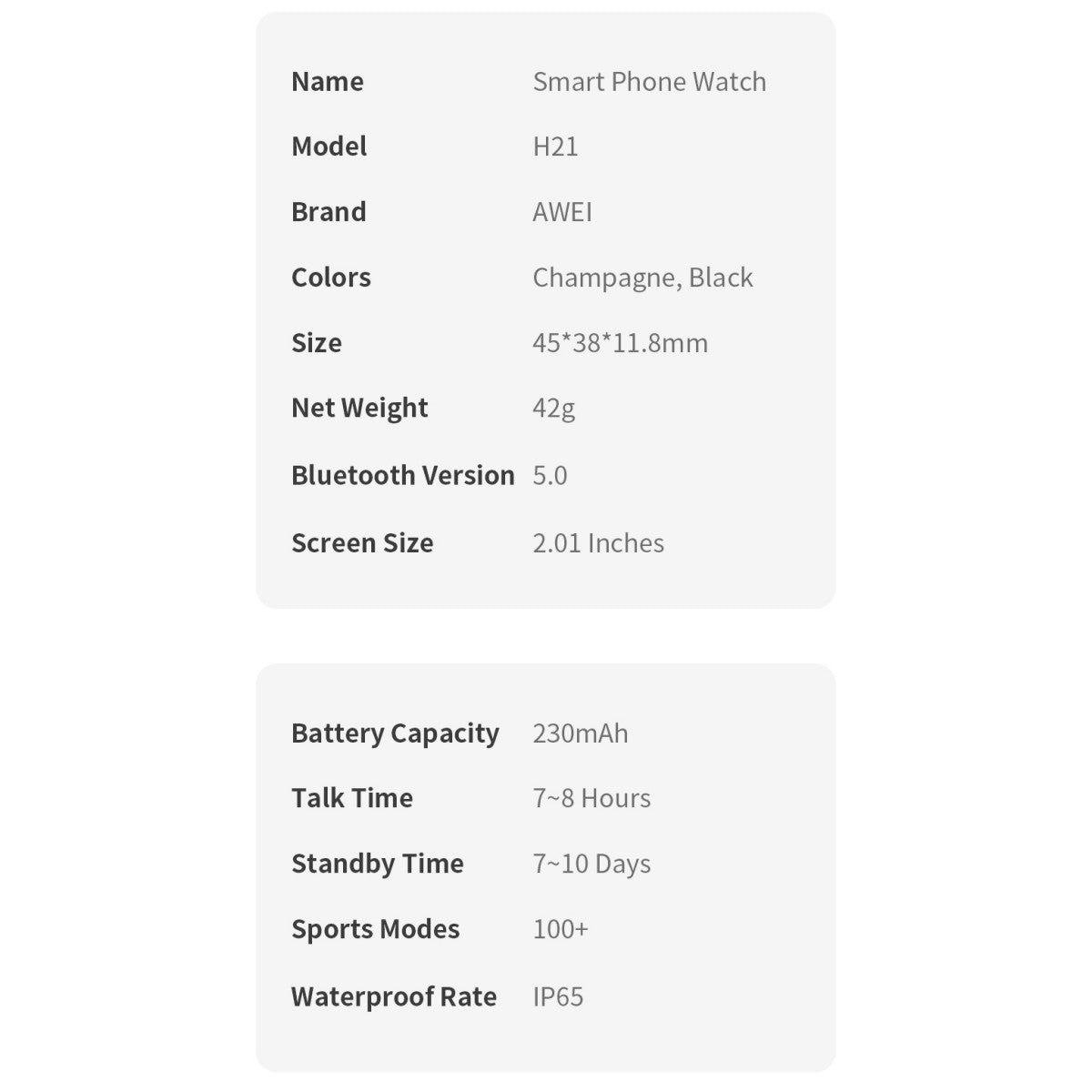 AWEI H21 Smart Watch specifications including 2.01-inch screen, IP65 waterproof rating, Bluetooth 5.0, and 100+ sports modes.