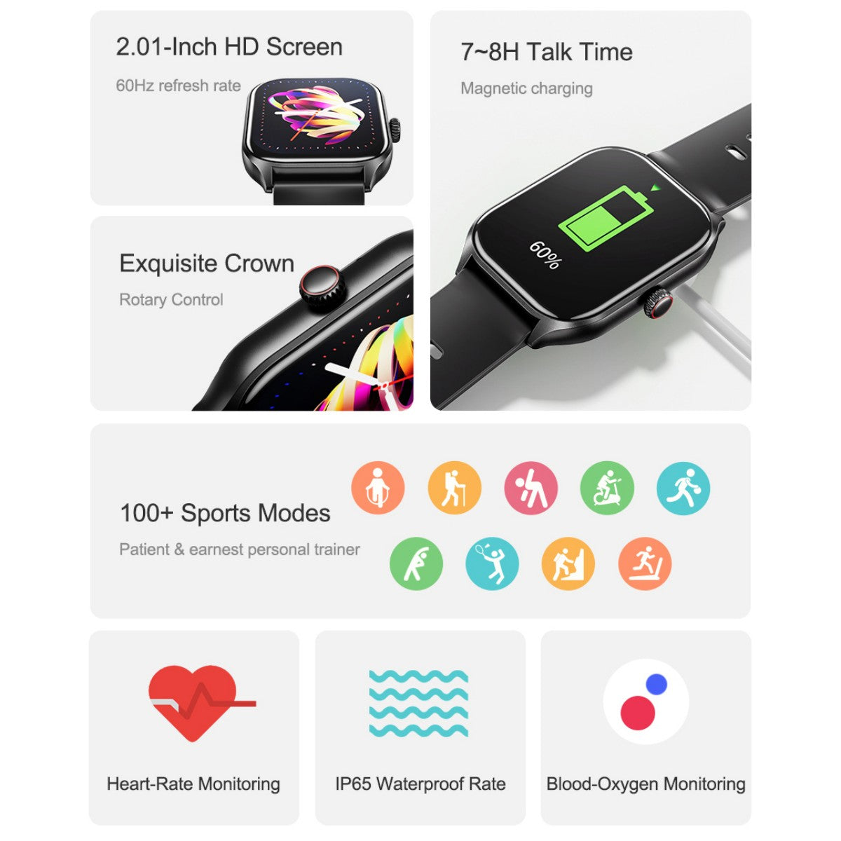 AWEI H21 Smart Watch highlights include 2.01-inch HD screen, 100+ sports modes, heart-rate and blood-oxygen monitoring, and IP65 waterproof rating.