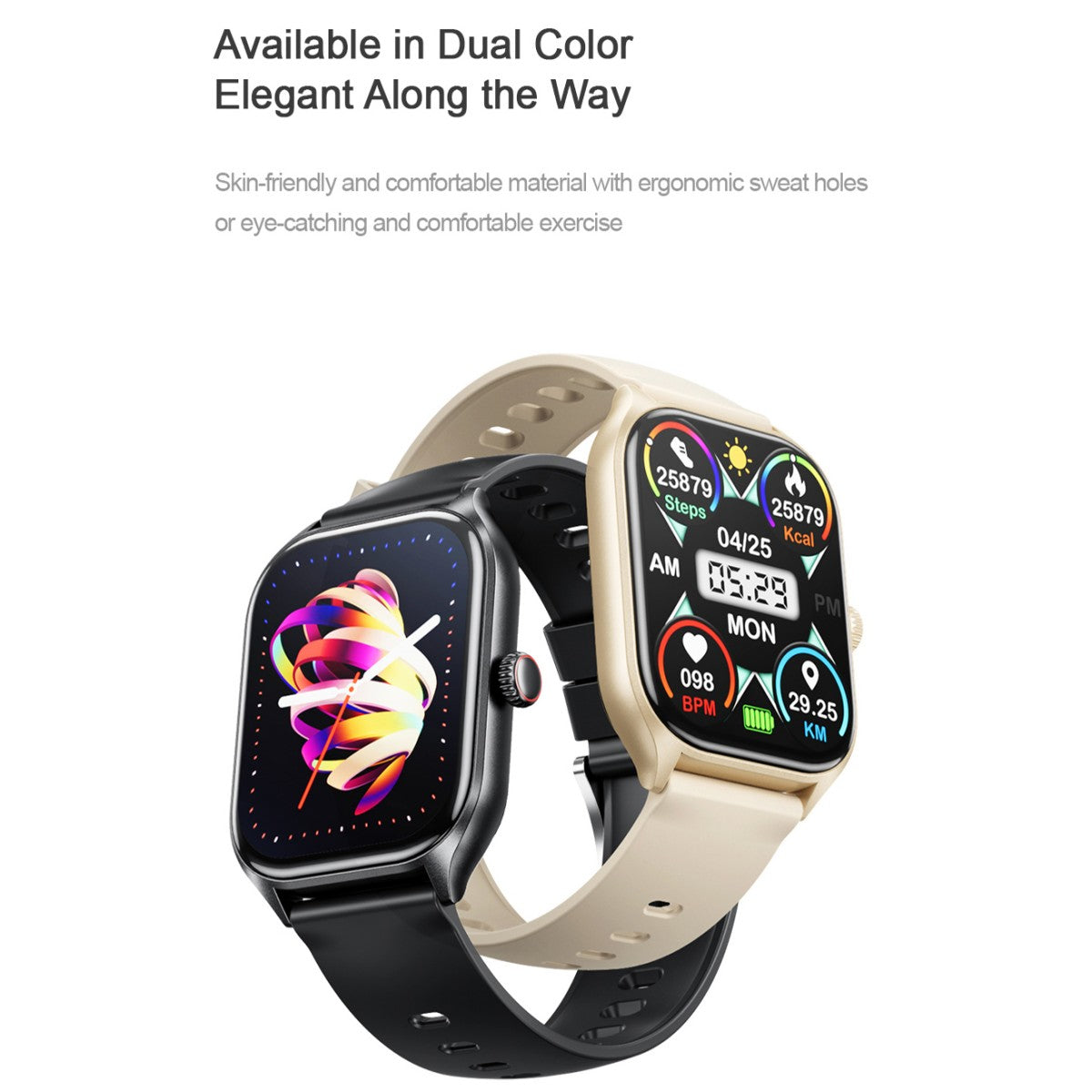 Dual color AWEI H21 Smart Watch in black and champagne, combining elegant design with sweat-resistant comfort for everyday wear.