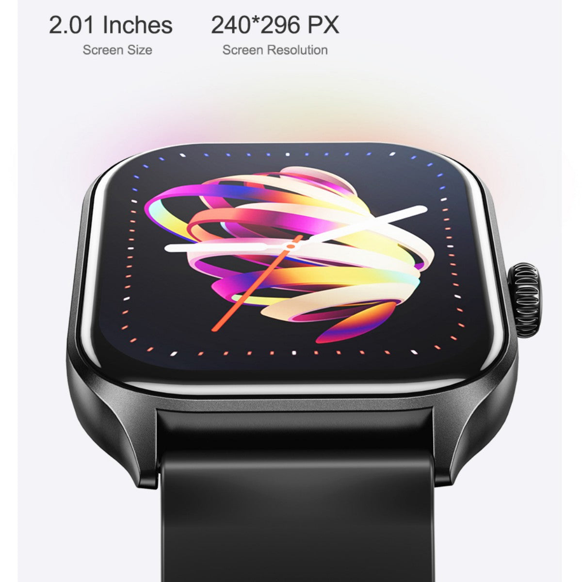 Close-up of AWEI H21 Smart Watch's 2.01-inch screen with 240x296 resolution, emphasizing its sharp display and modern design.