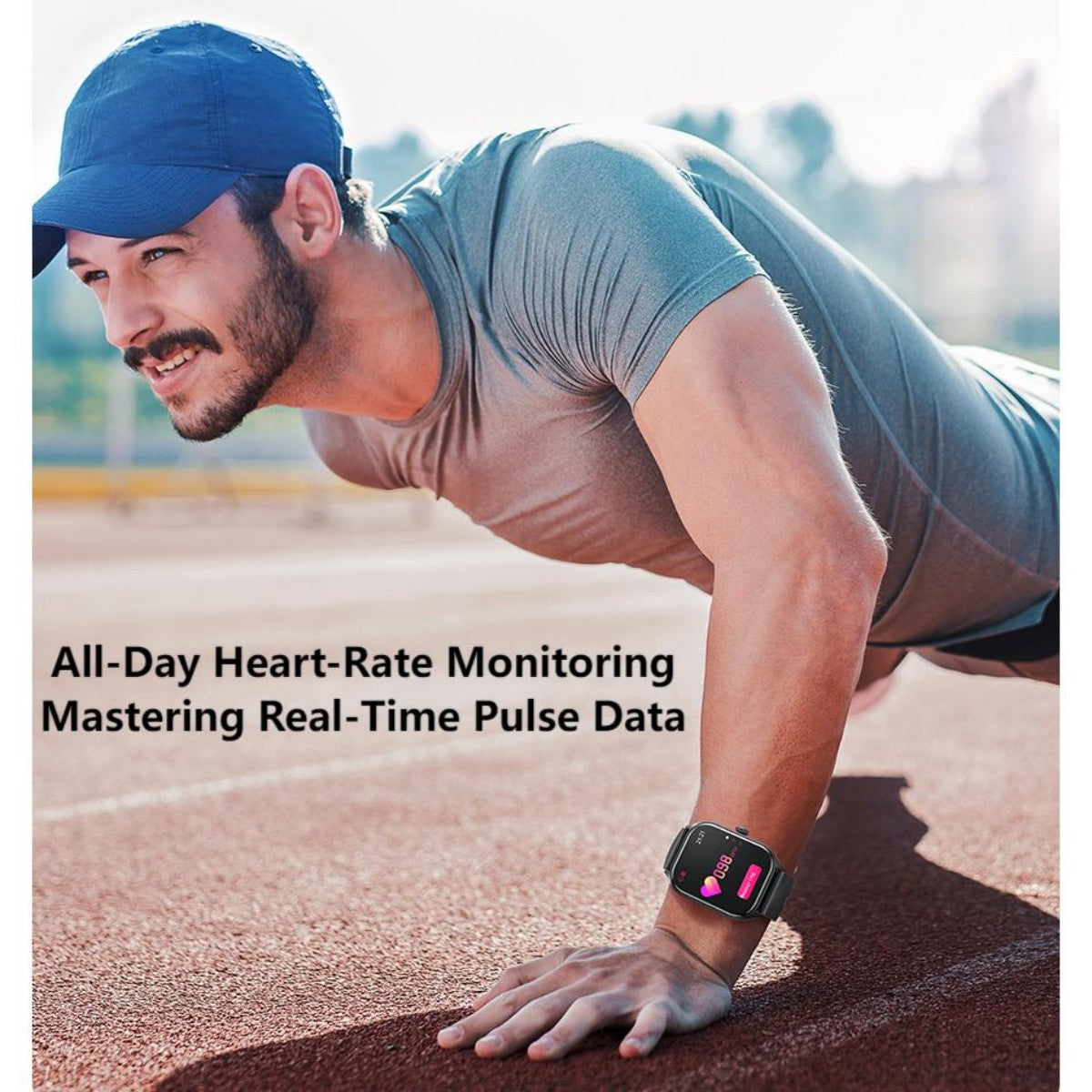 Man wearing AWEI H21 Smart Watch during workout, showcasing real-time heart-rate monitoring for fitness tracking and health insights.