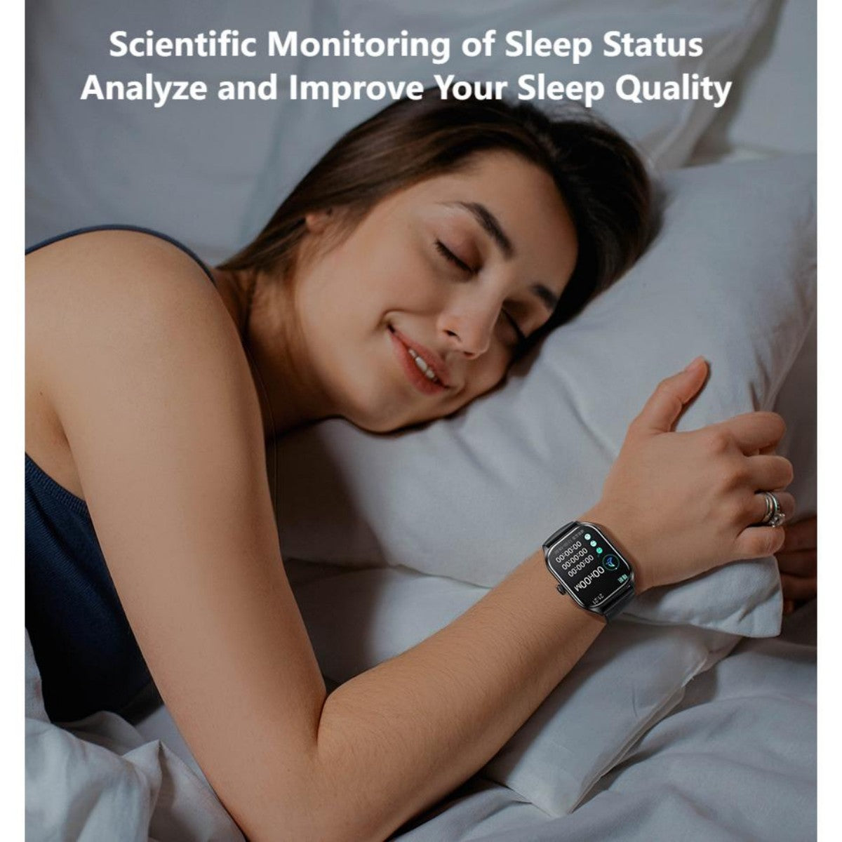 Woman sleeping while wearing AWEI H21 Smart Watch, demonstrating sleep monitoring features for improved rest and wellness.