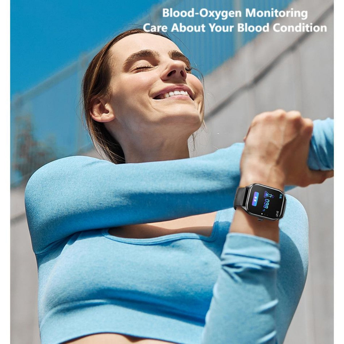 Woman stretching outdoors with AWEI H21 Smart Watch, highlighting blood-oxygen monitoring for health-conscious users.